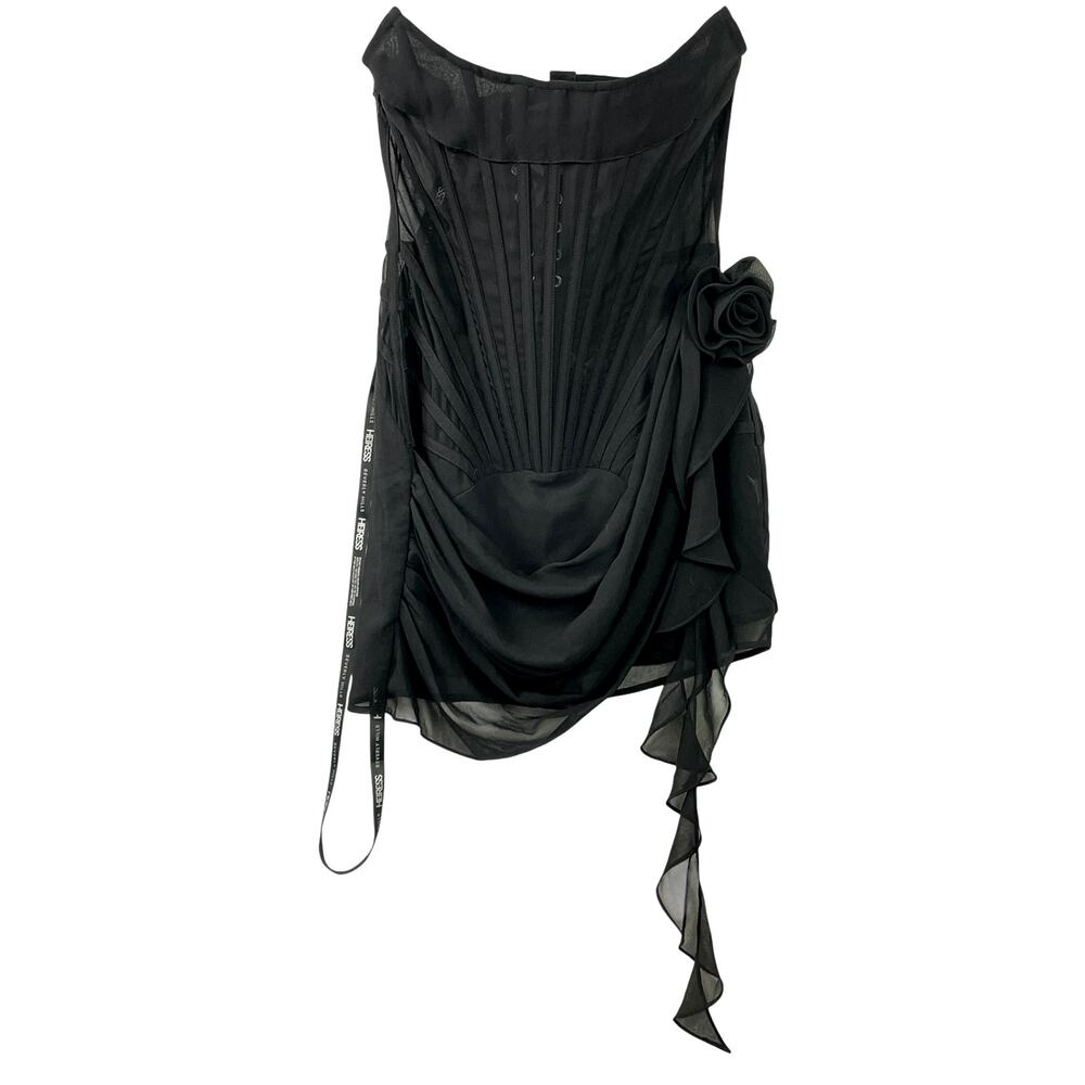 NEW Heiress Black Sleeveless Chiffon Mesh Corset Rosette Draped Mini Dress Sz M